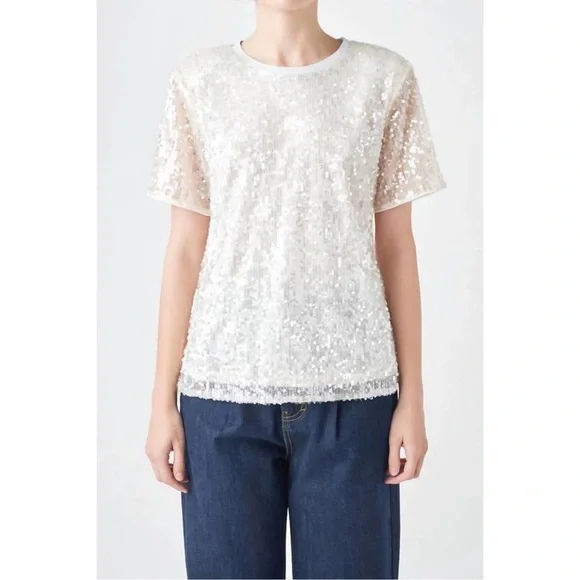 GREY LAB Sequin Short Sleeve Top‎ White Nude Pink NWT Size M - Picture 2 of 9